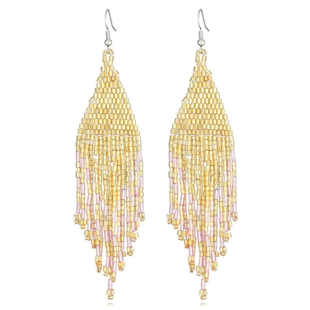 Gold Bohemian Seed Bead Tassel Dangling Statement French Wire Hook Earrings